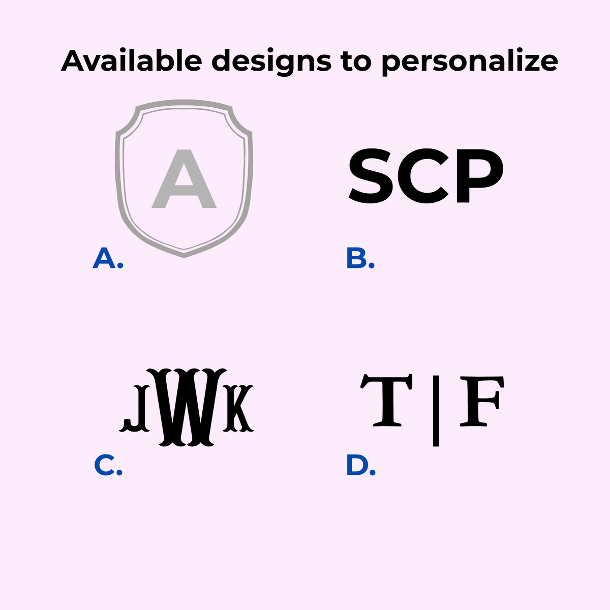 Available personalization designs A, B, C, D for the double Mahjong tile rack