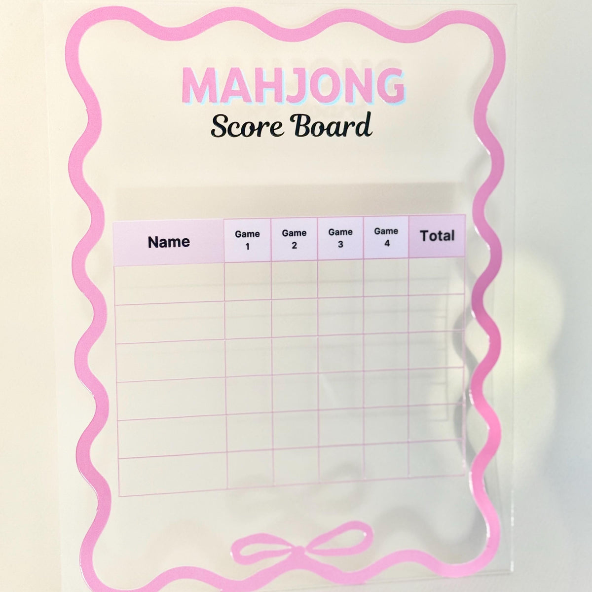 Mahjong score board with pink bow accent