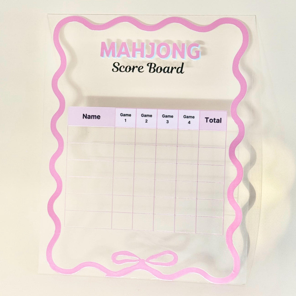 Pink and white Mahjong scoreboard with bow