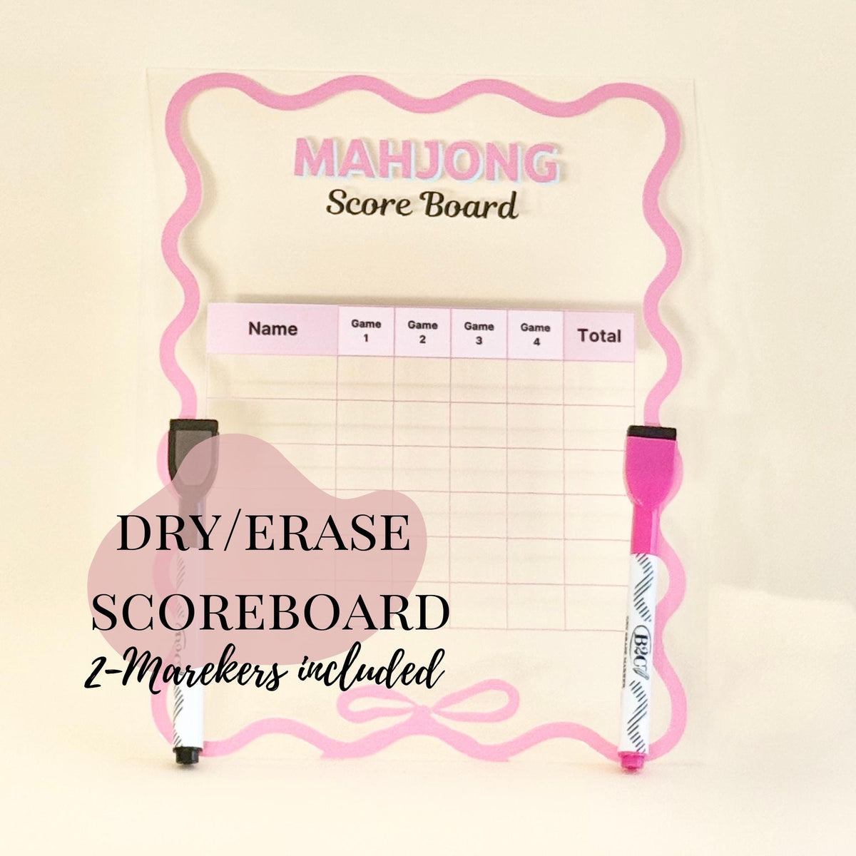 Pink acrylic dry erase Mahjong scoreboard with scalloped edge and bow