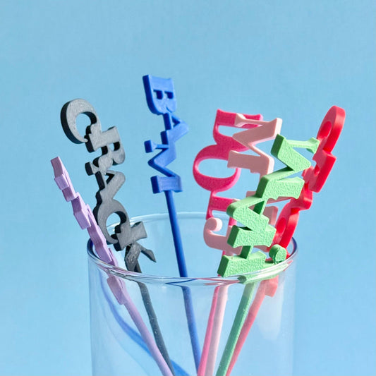 Colorful Mahjong drink stirrers with MAHJ, DOT, CRACK and BAM