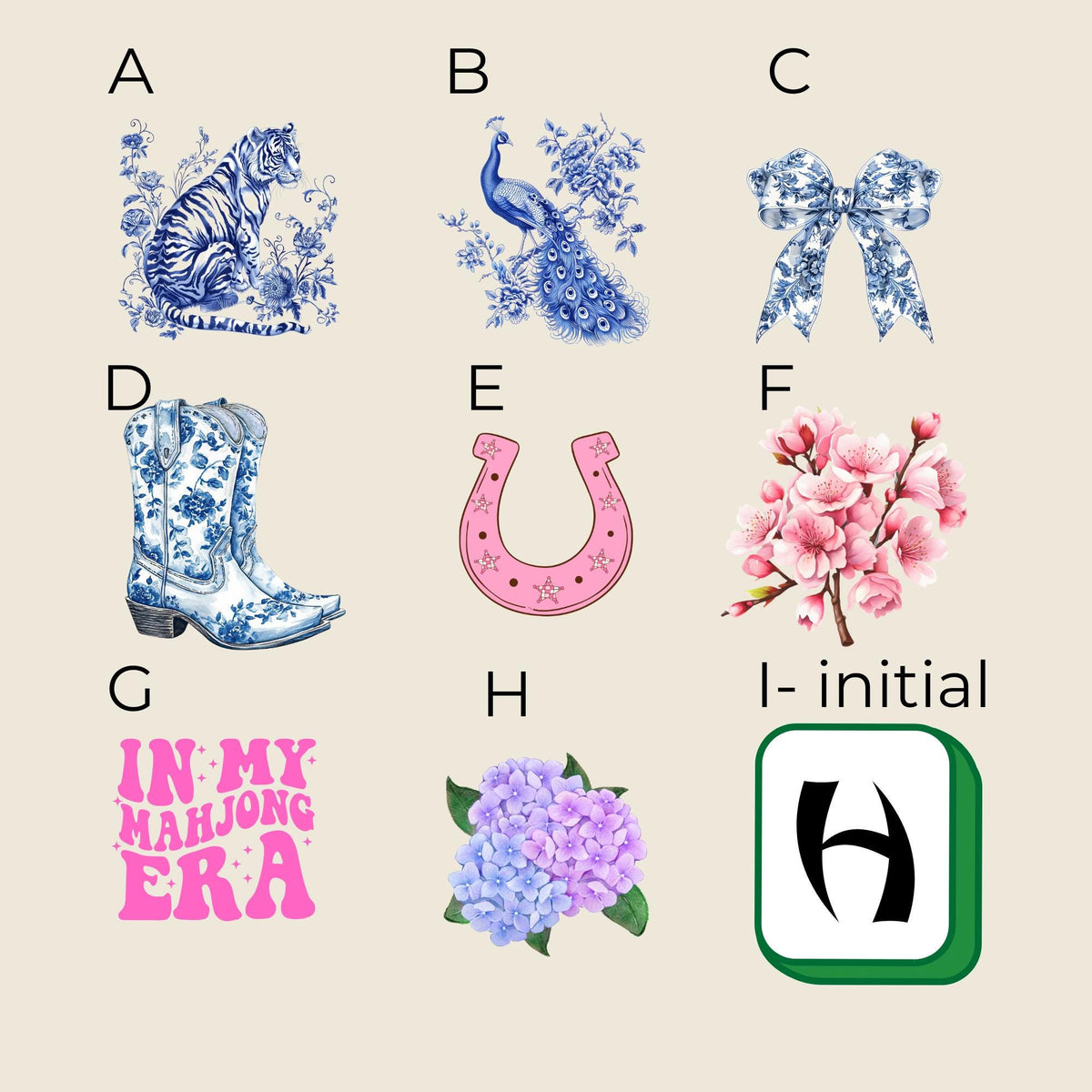 Mahjong card cover designs A to I