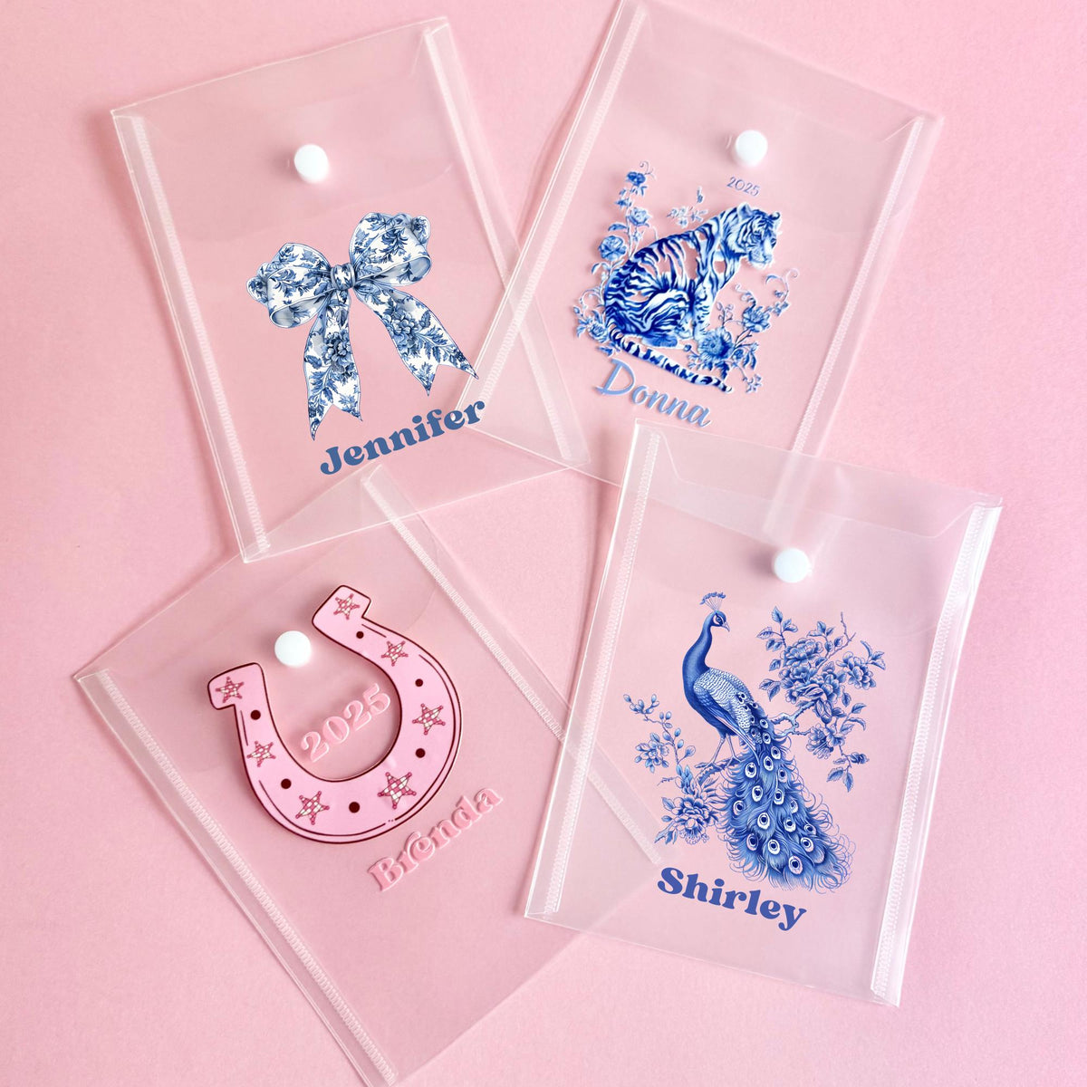 Personalized clear 5x7 Mahjong card cover with decorative design and name