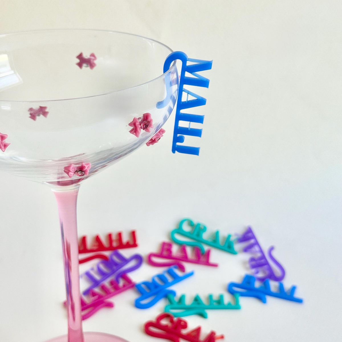 Colorful MAHJ, DOT, CRACK and BAM Mahjong wine charms and drink tags