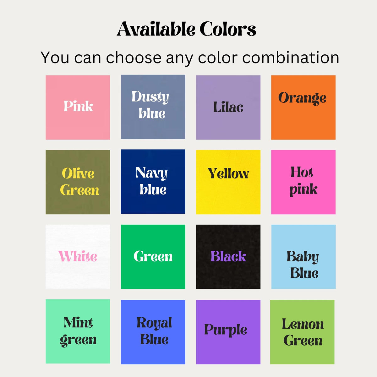 Color chart of available line reader colors