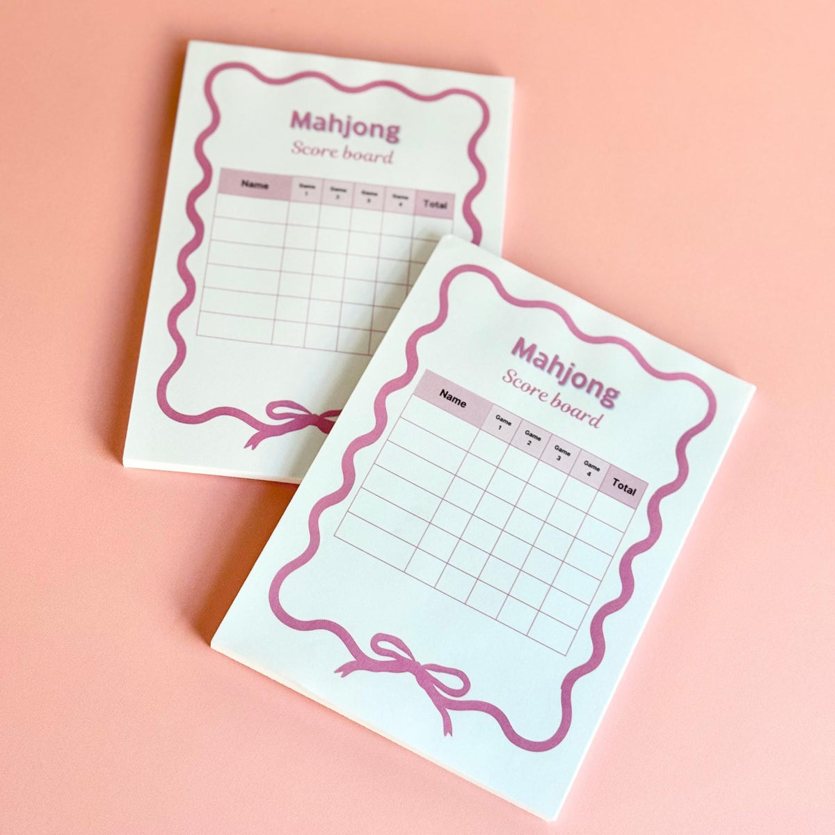 Pink scalloped Mahjong scorecard notepad with bow accent