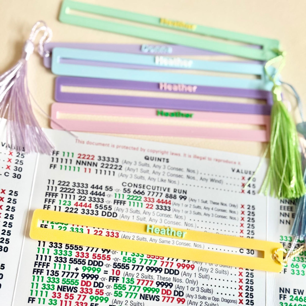 Personalized pastel Mahjong line readers with names and matching tassels