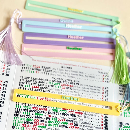 Personalized pastel Mahjong line readers with names and matching tassels