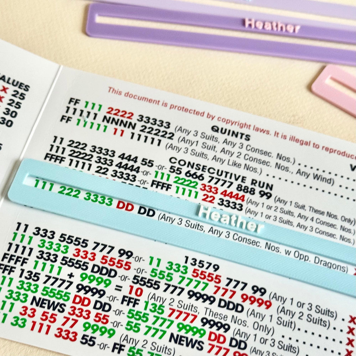 Personalized Mahjong line readers on the NMJL card