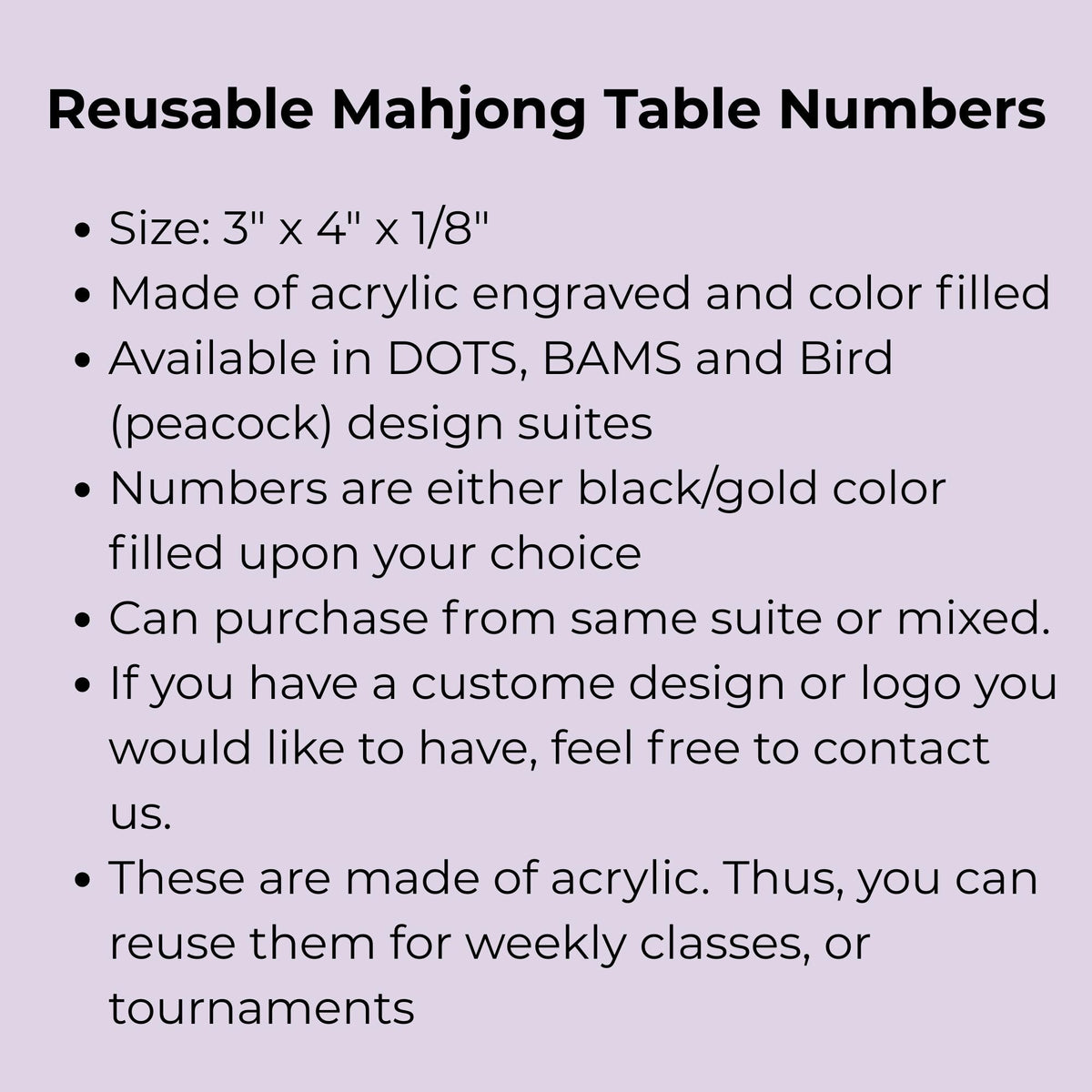Reusable Mahjong table number signs details
