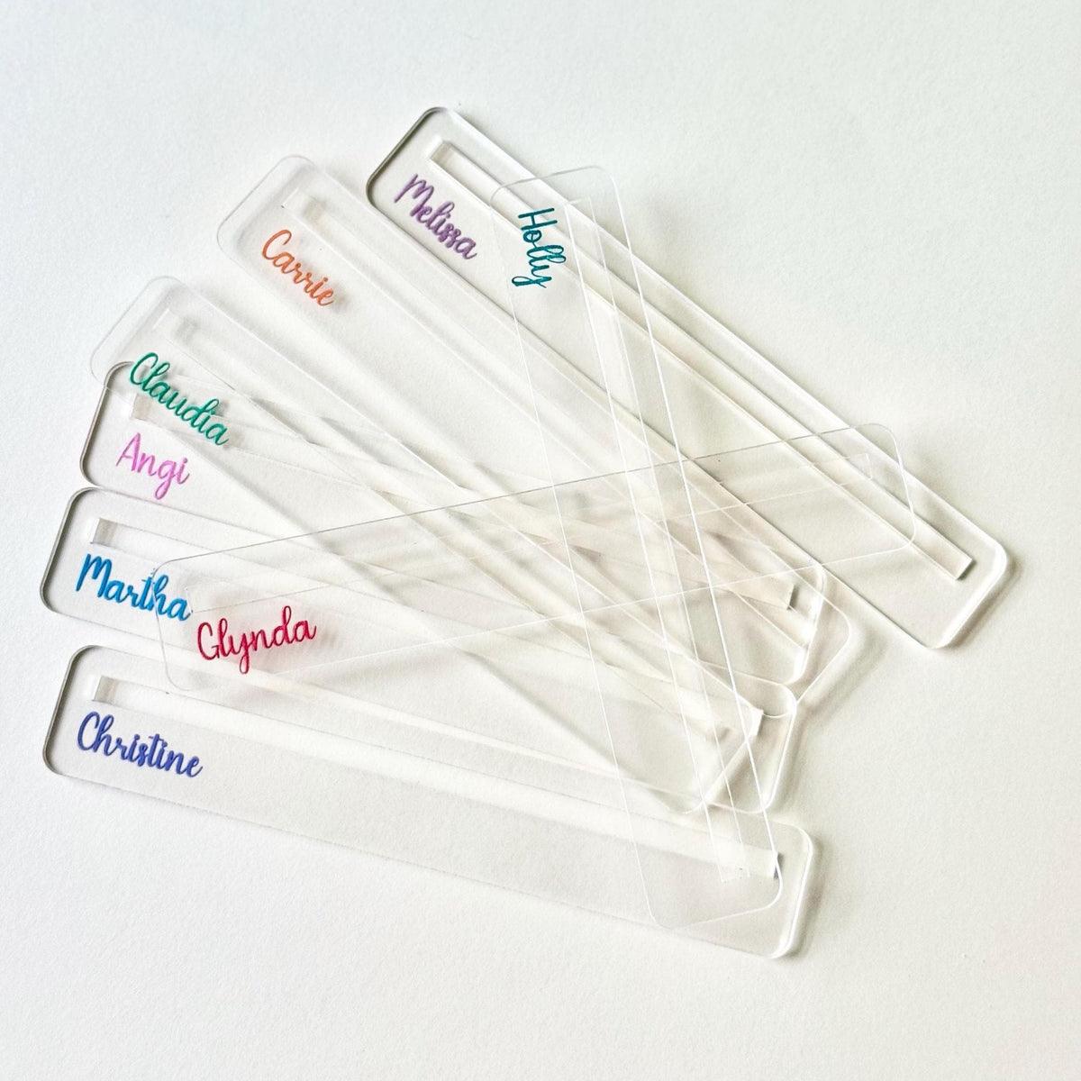 Personalized clear acrylic Mahjong line readers engraved with names in pastel colors