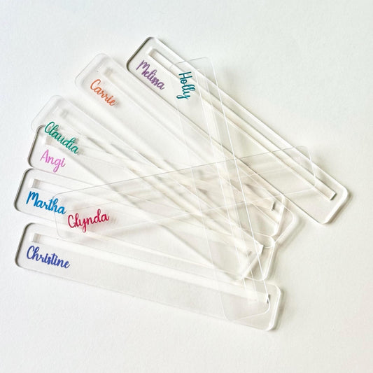 Personalized clear acrylic Mahjong line readers engraved with names in pastel colors