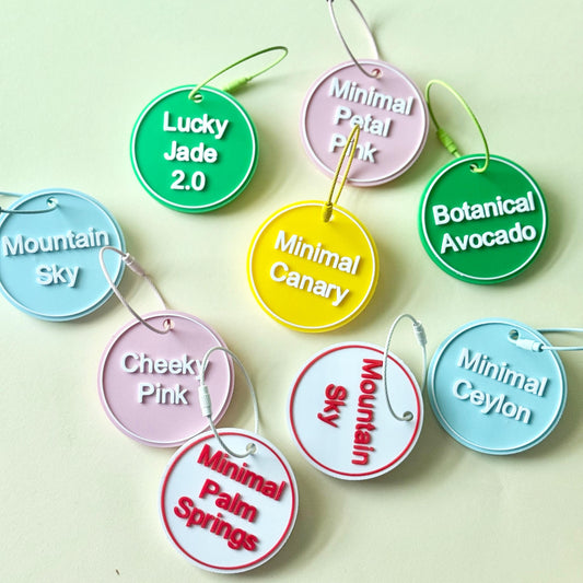 Colorful personalized Mahjong tile bag tags with tile set names