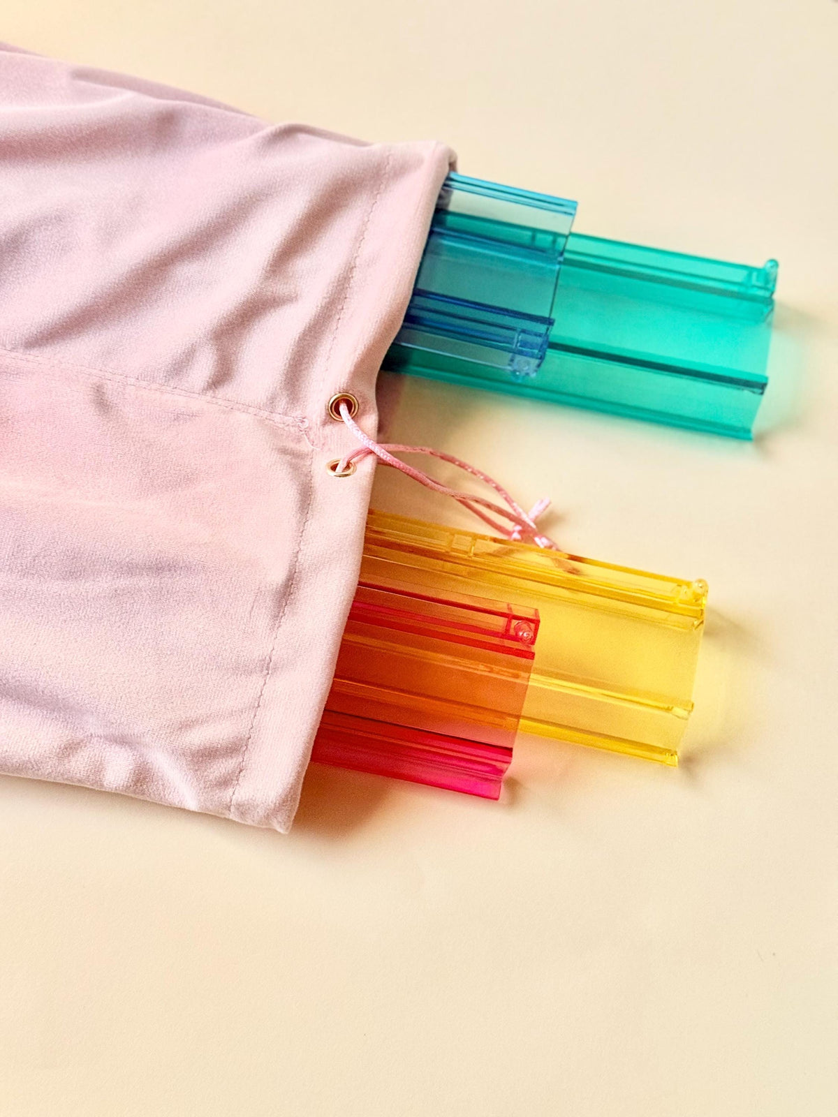 Pink velvet rack bag open with Mahjong racks inside