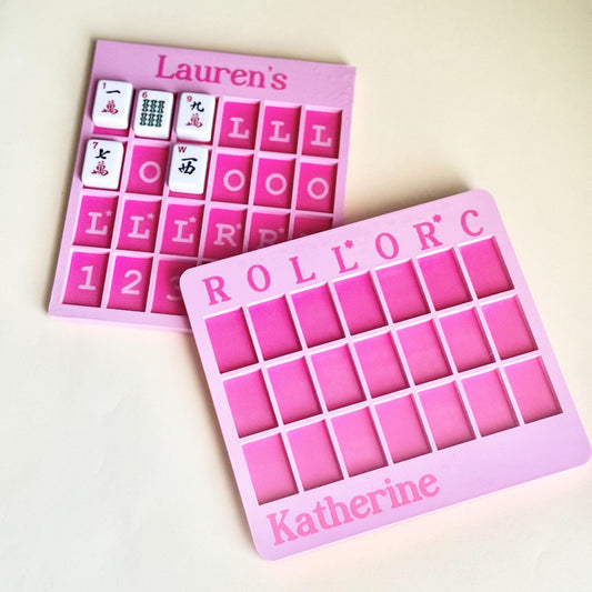 Personalized pink Mahjong practice board with name and tile compartments