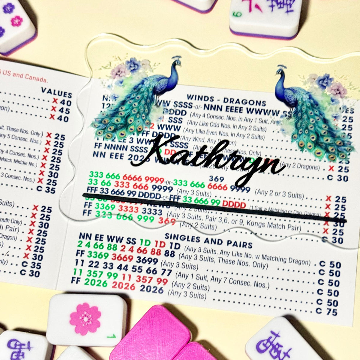 Clear acrylic Mahjong line reader with peacock design