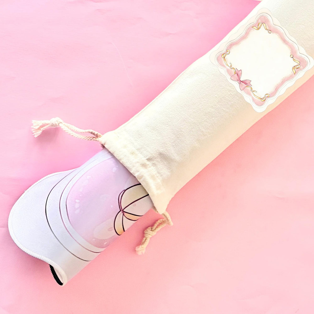 Mahjong mat bag with rolled pink mahjong mat and bow patch