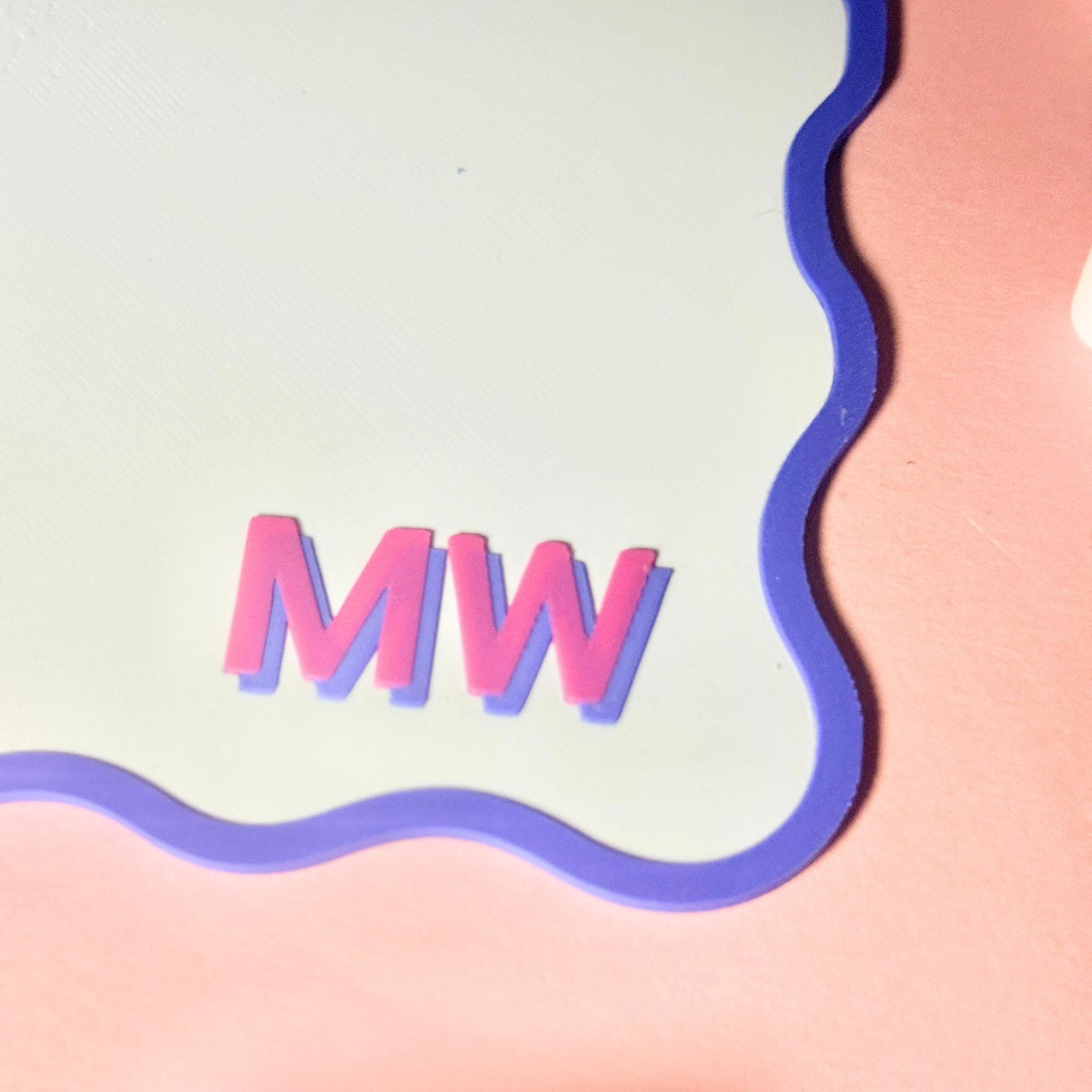 White scalloped Mahjong shuffler with pink MW monogram