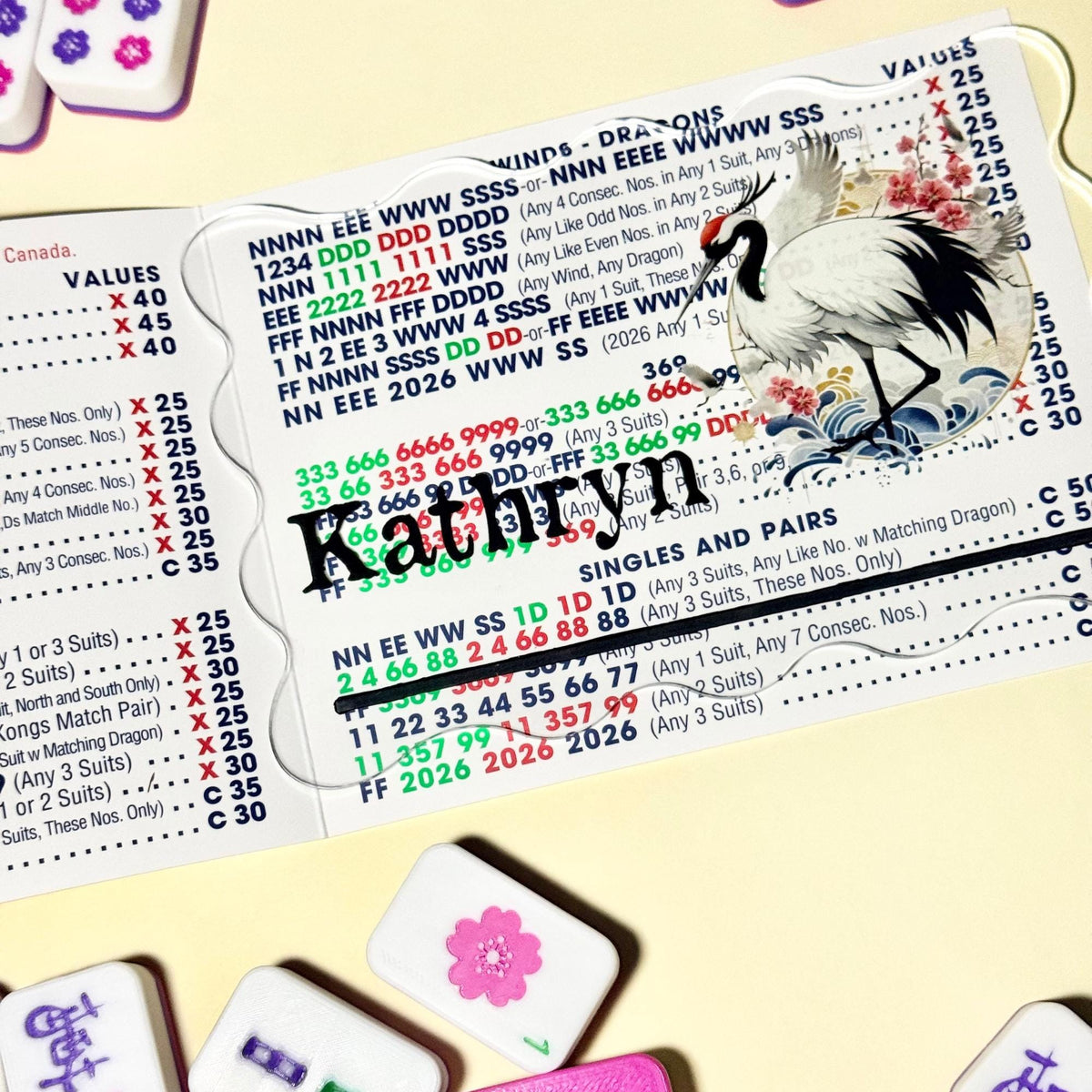 Clear acrylic Mahjong line reader with crane illustration