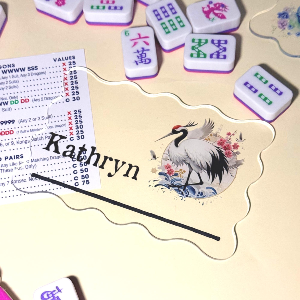 Japanese crane inspired clear Mahjong line finder, personalized