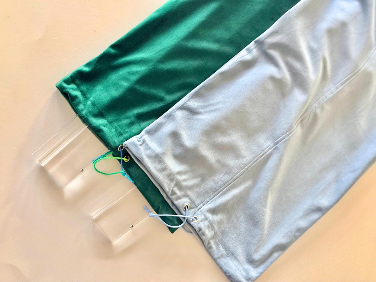 Emerald green and dusty blue velvet Mahjong rack bags