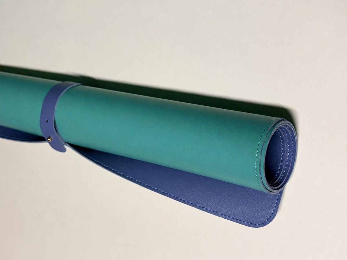 Coastal Aqua reversible Mahjong mat rolled with strap