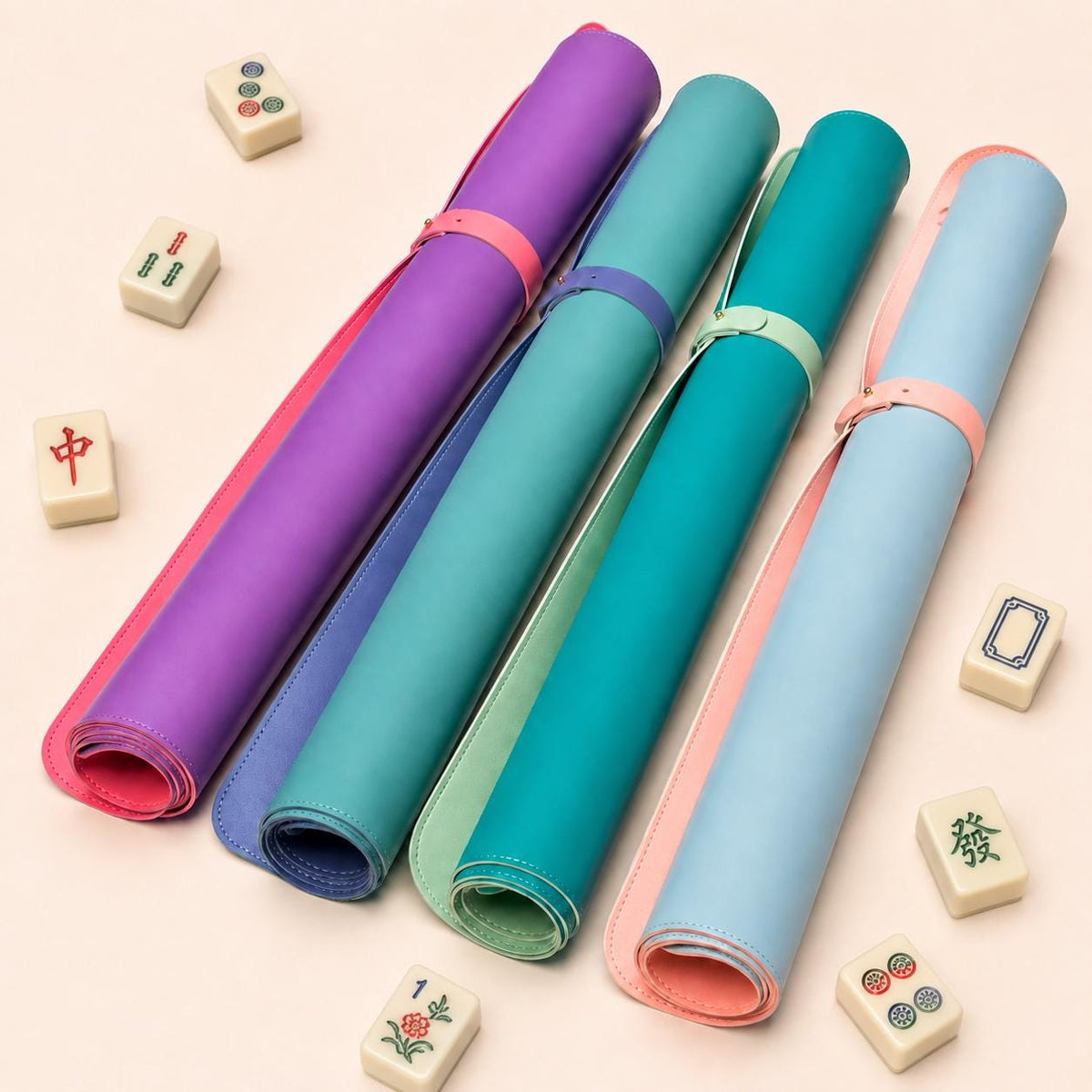 Reversible vegan leather Mahjong mats in Berry Bloom, Coastal Aqua, Mint Lagoon and Blush Sky
