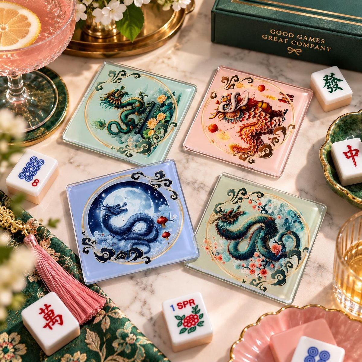 Mahjong coasters with dragons design