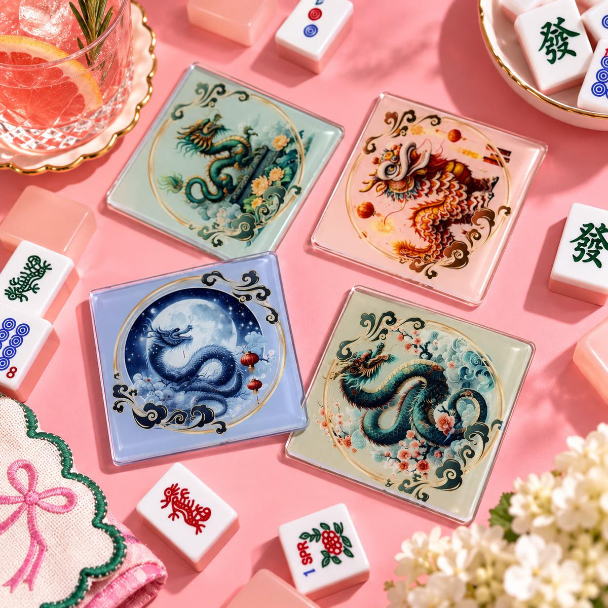 Acrylic Mahjong coasters matching a Mahjong mat