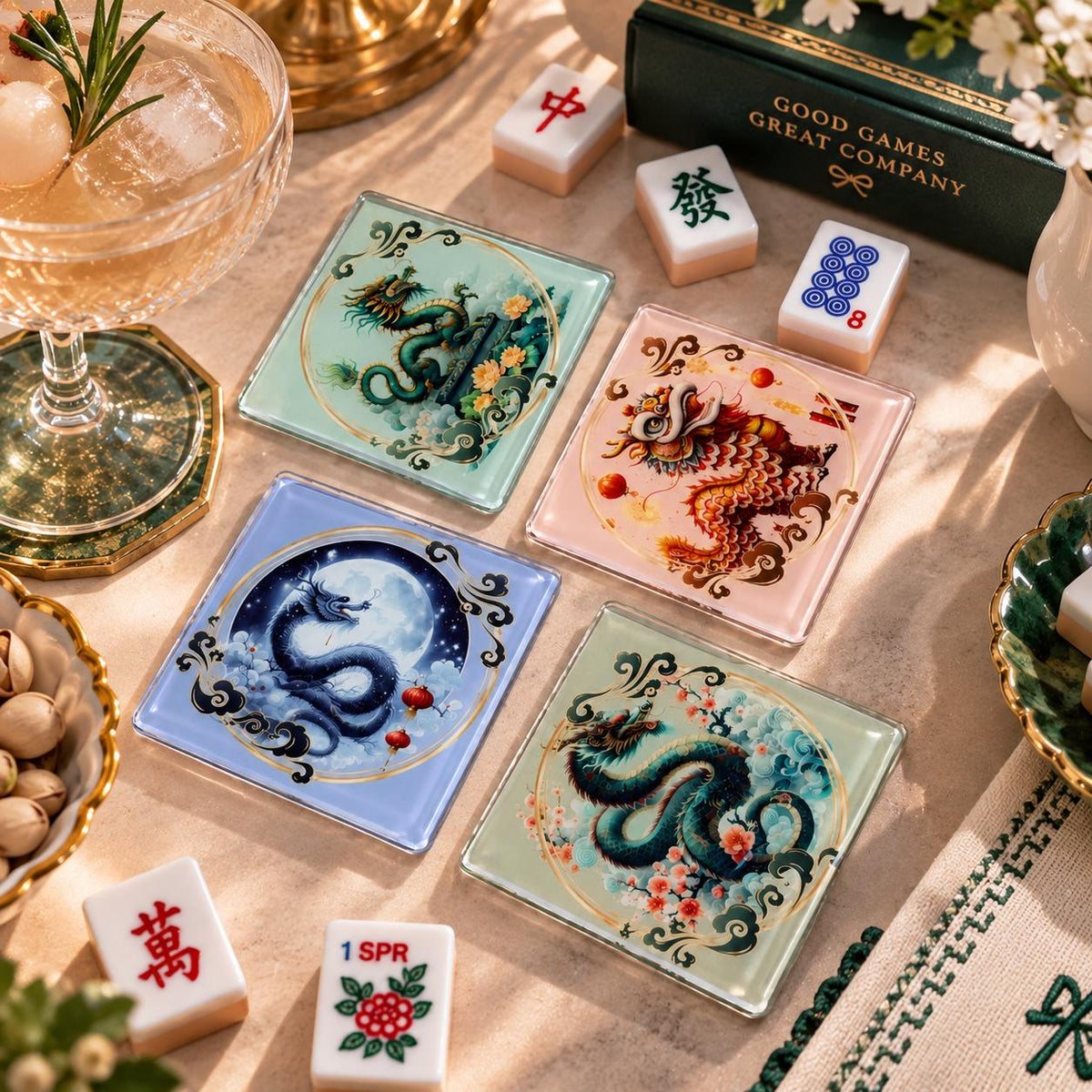 Mahjong coasters with hand fan design