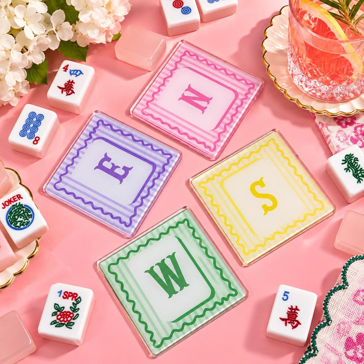 Mahjong coasters with NEWS tiles design
