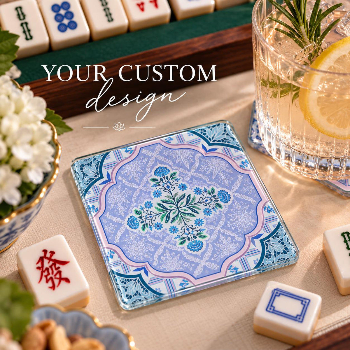 Custom acrylic Mahjong coaster set of 4 on a Mahjong table