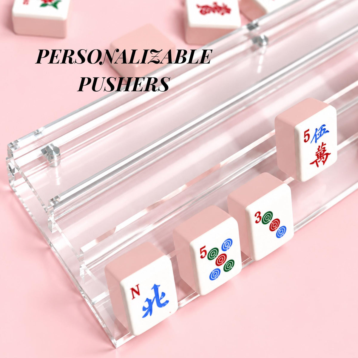 Personalized clear acrylic double Mahjong tile rack set with scalloped pushers