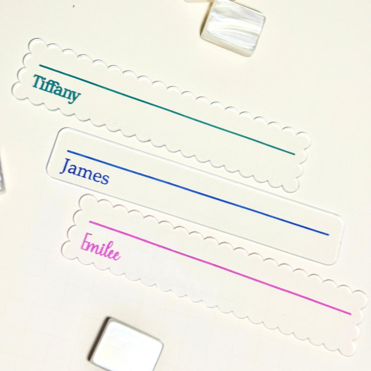 Scalloped acrylic mahjong line finder with engraved name