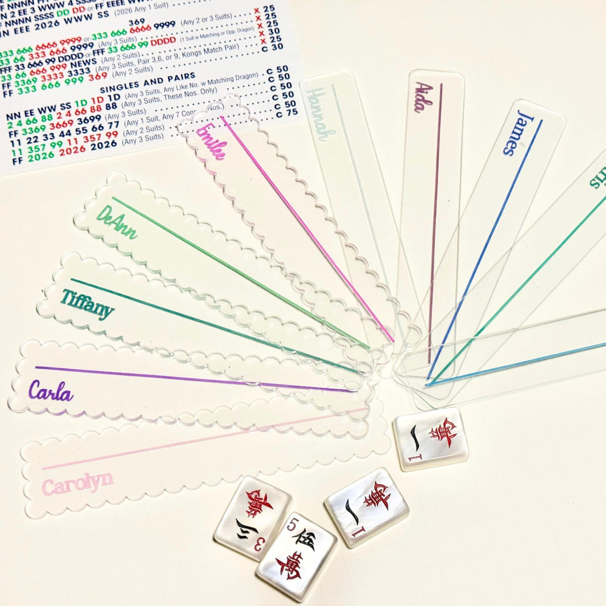 Colorful personalized scalloped clear acrylic mahjong line finders