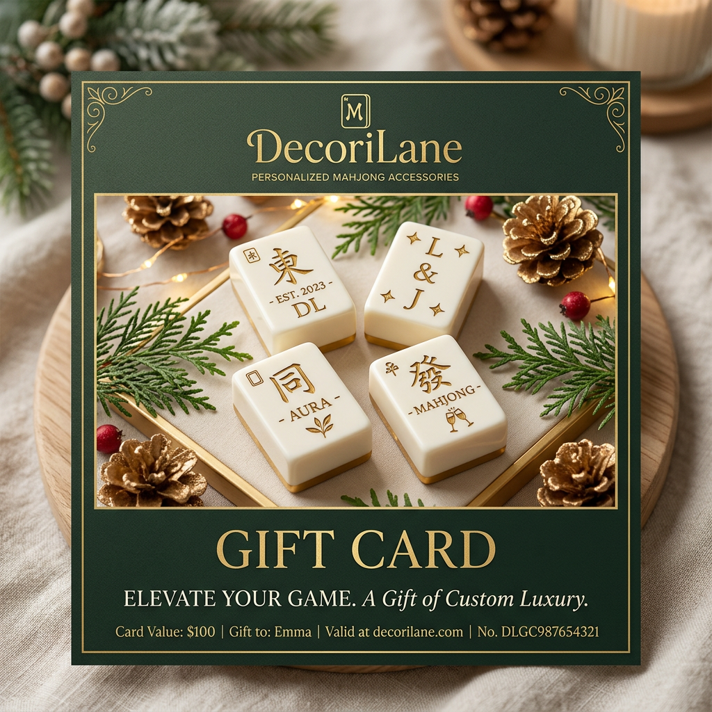 DecoriLane gift card with personalized mahjong tiles and holiday accents