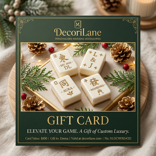 DecoriLane gift card with personalized mahjong tiles and holiday accents